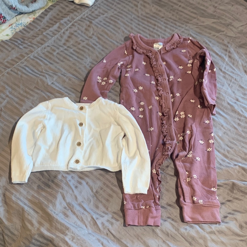 Mauve Floral Ruffle Baby Romper + Cream Button Cardigan